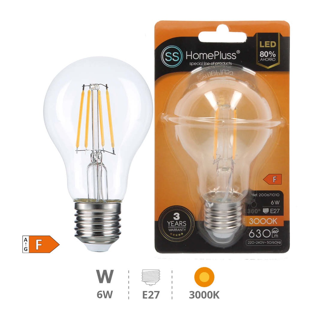 A60 LED filament bulb 6W E27 3000K 8pcs box