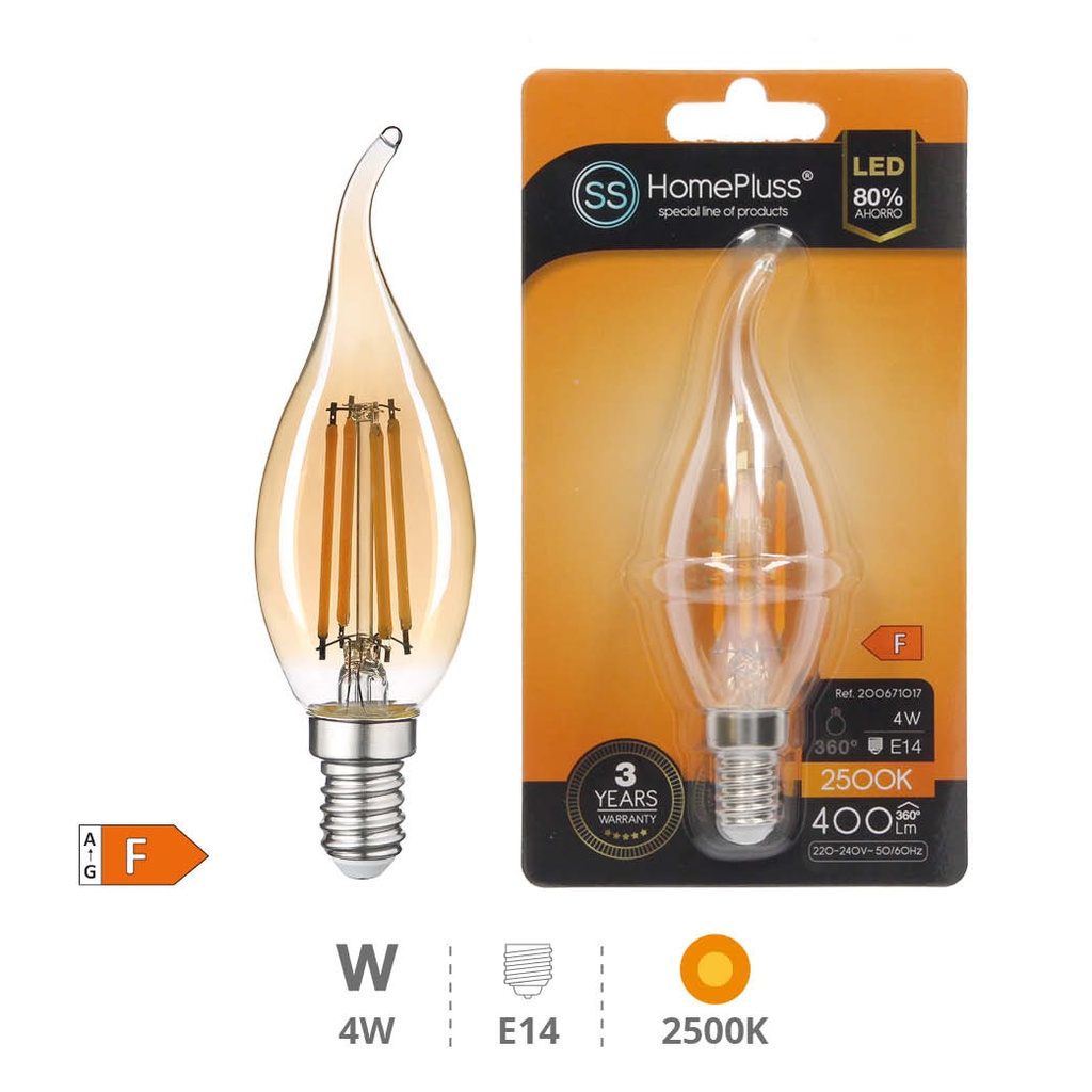 Bombilla LED vela soplo de viento filamento Gold 4W E14 2500K - 12u caja exp