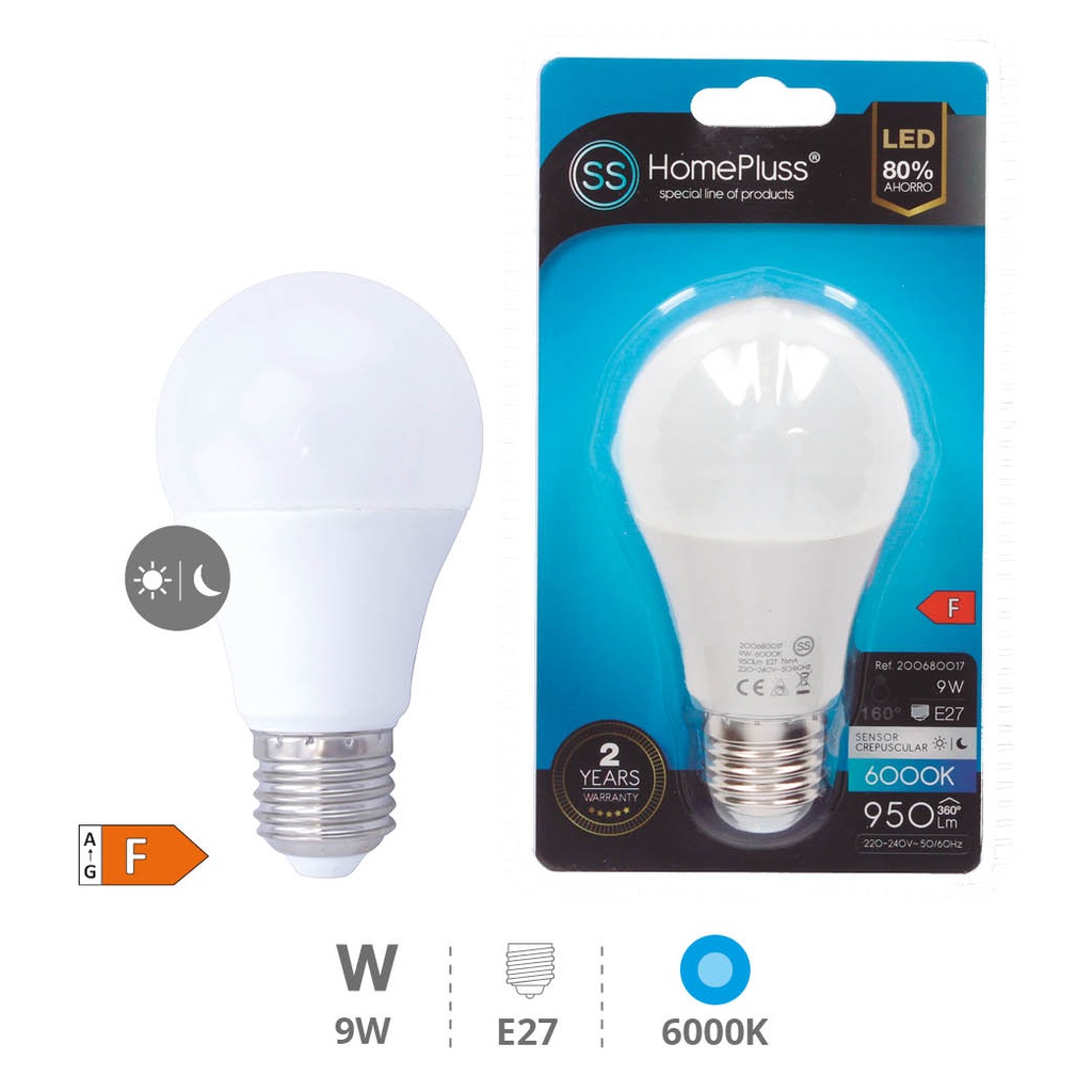 Ampoule à LED standard avec détecteur crépusculaire 9 W E27 6000K - boîte prés. de 8 u