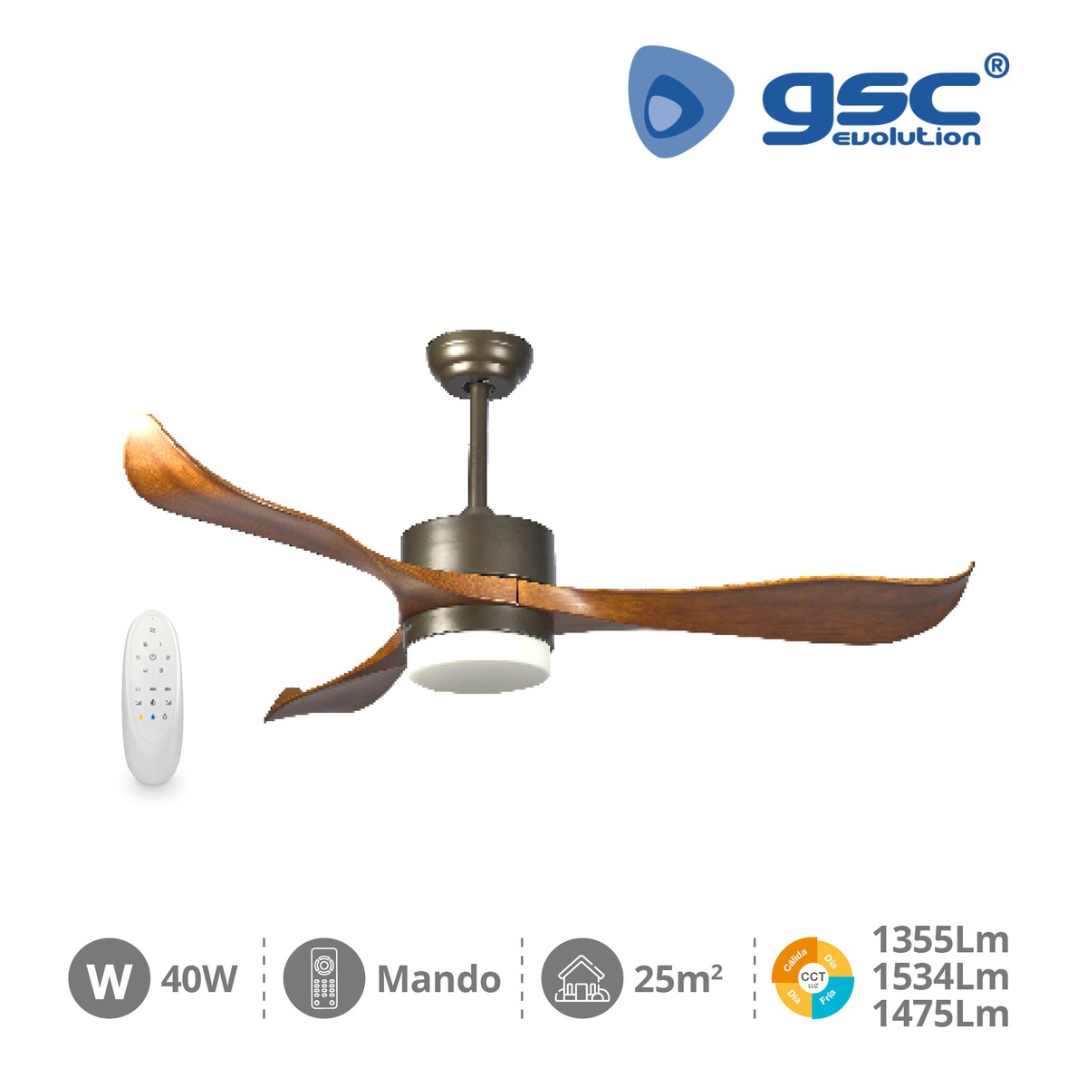 Ventilador de techo con mando 52' motor DC CCT regulable 3 aspas Efecto madera