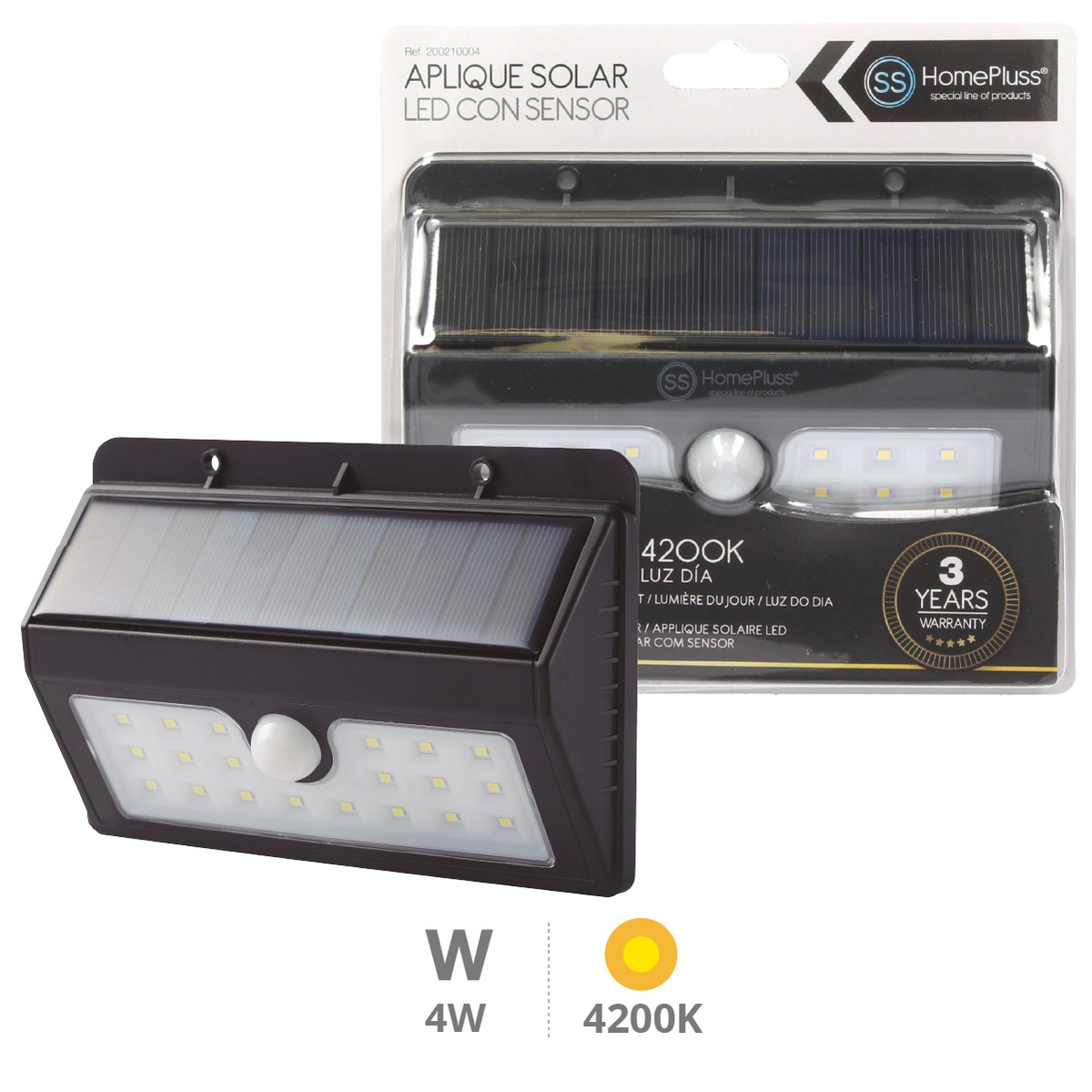 Aplique solar LED con sensor 4W 4200K Negro - 5u caja exp