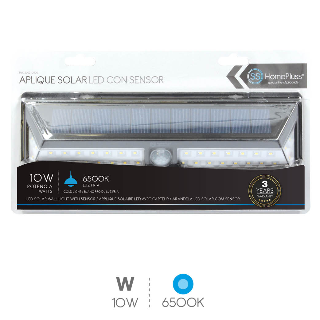 Aplique solar LED con sensor 10W 6500K Negro- 5u caja exp