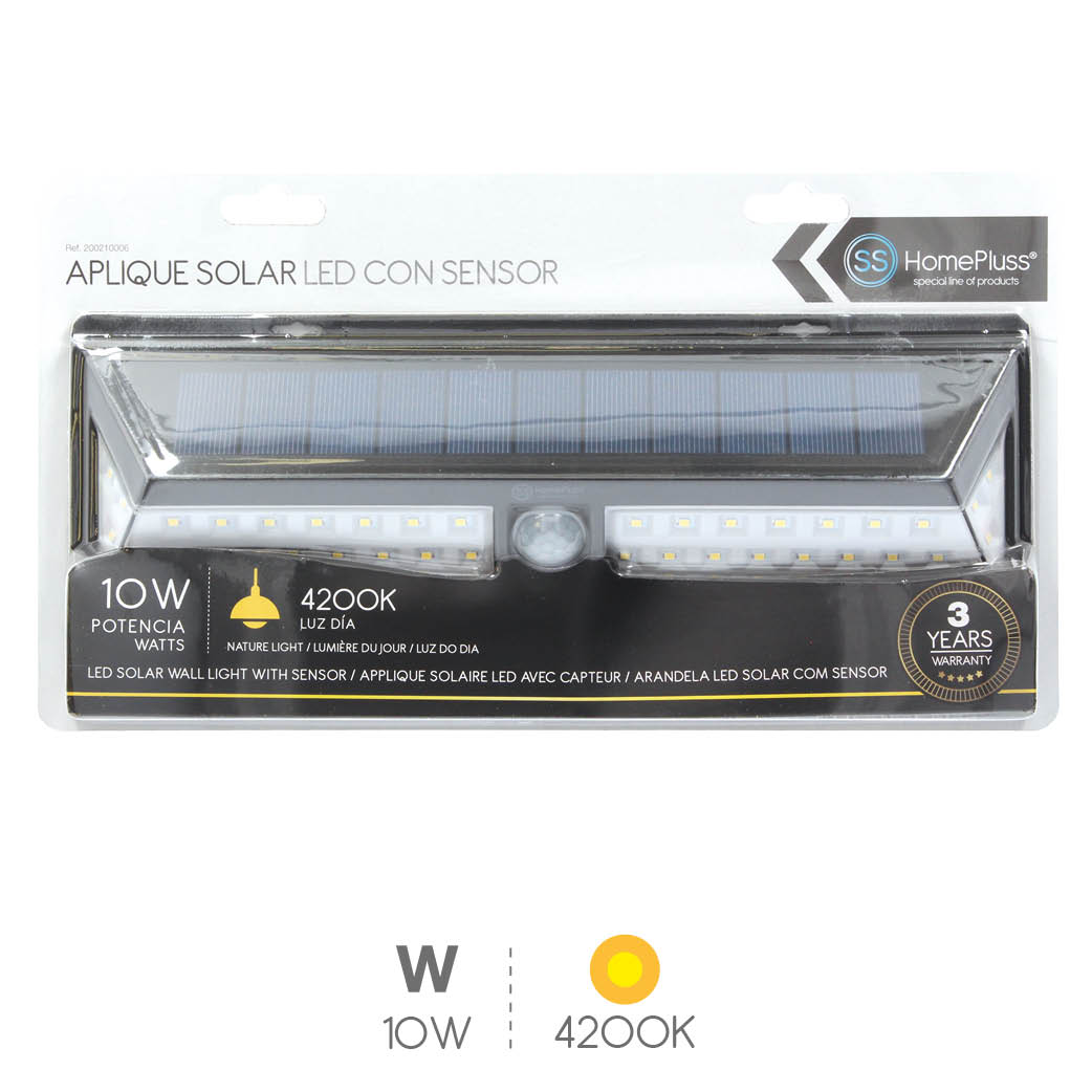 Aplique solar LED con sensor 10W 4200K Negro - 5u caja exp