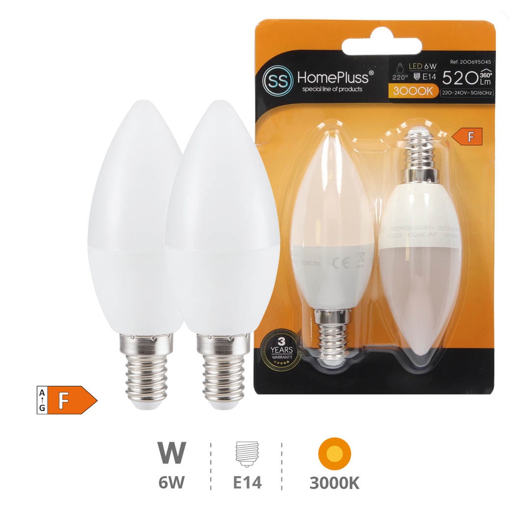 2 x pack C37 LED bulb 6W E14 3000K 10pcs/box