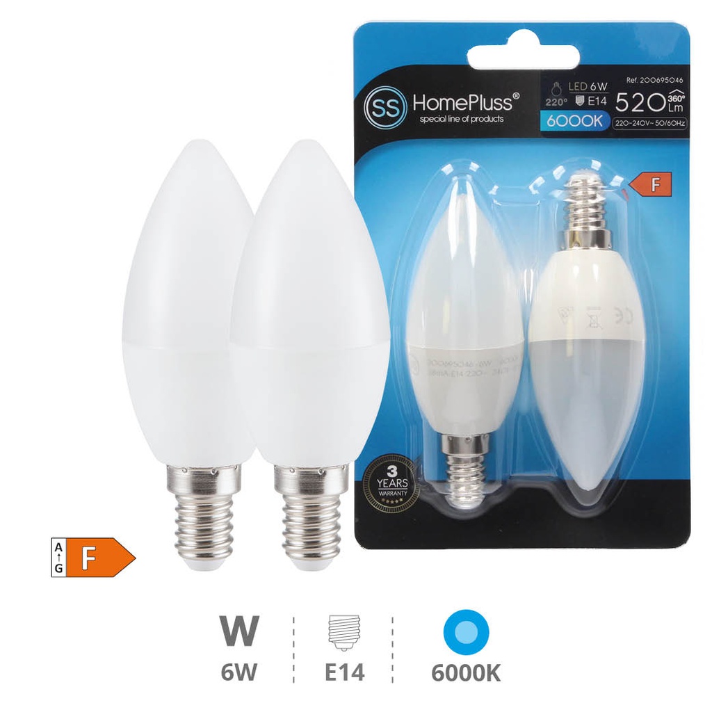 2 x pack C37 LED bulb 6W E14 6000K 10pcs/box