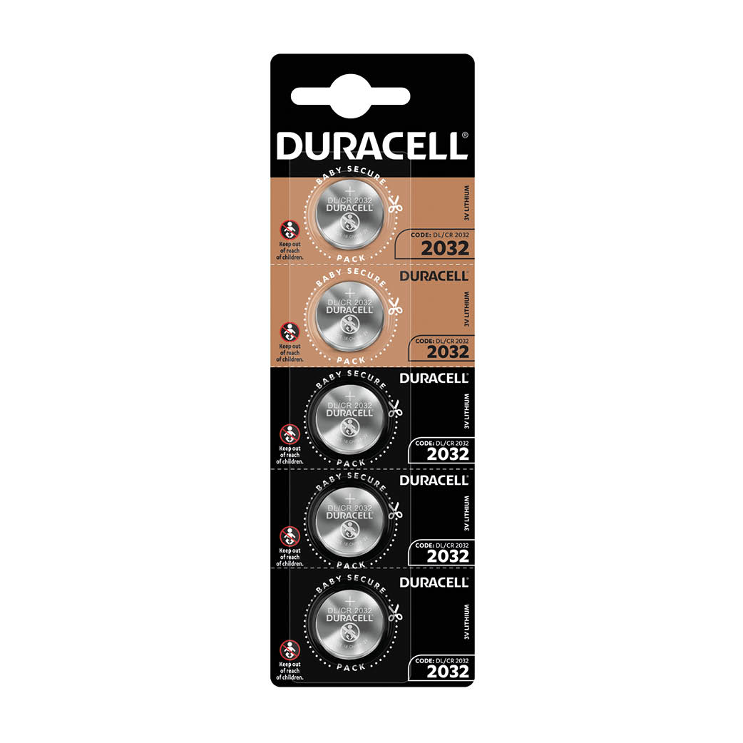 Blister 5 Piles boutons lithium Duracell CR2032 - boîte prés. 4 u