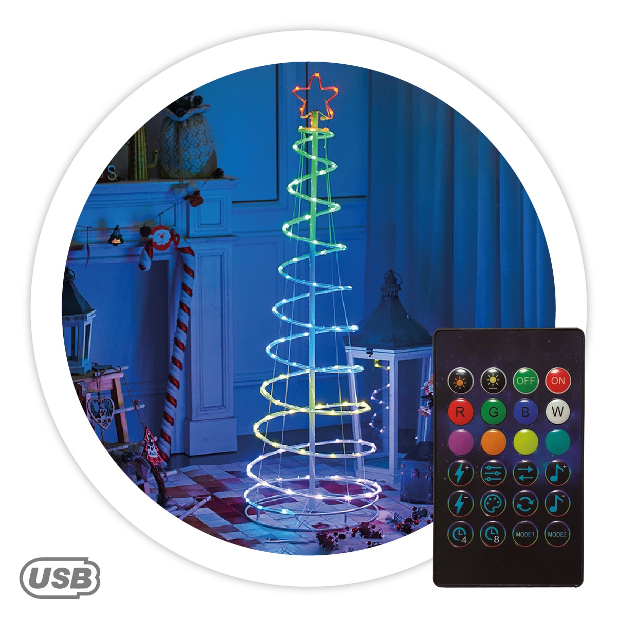 Árvore LED 1,5 m com USB + comando 32 funções RGB IP44