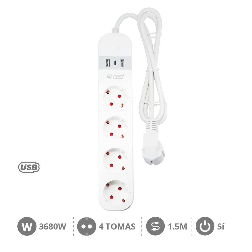 Bloc multiprises intelligent à connexion Wi-Fi ou bluetooth 4 P+ 2 USB + type C (3x1,5 mm) 1,5 M