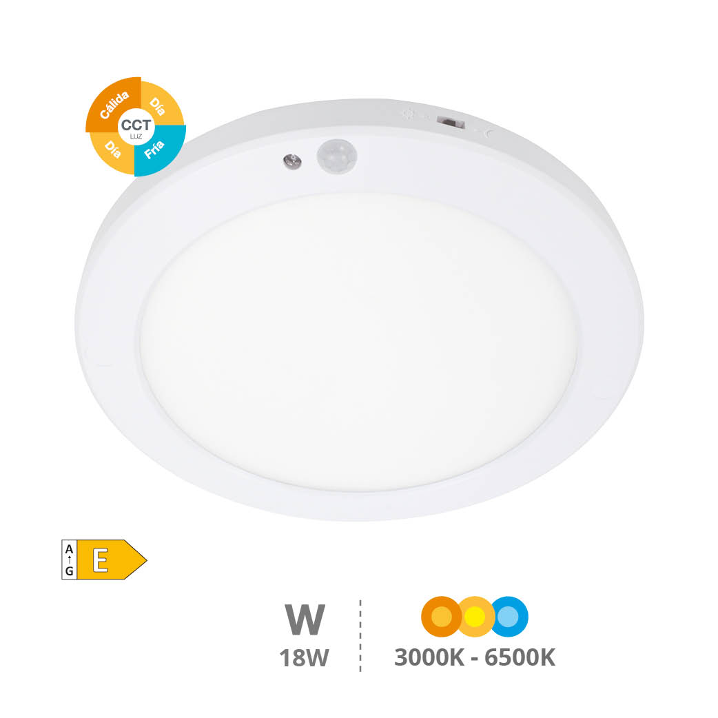 Aketi round surface/recessed downlight adjustable cutting hole with movement sensor and photocell 18W CCT change 3000K to 6500K