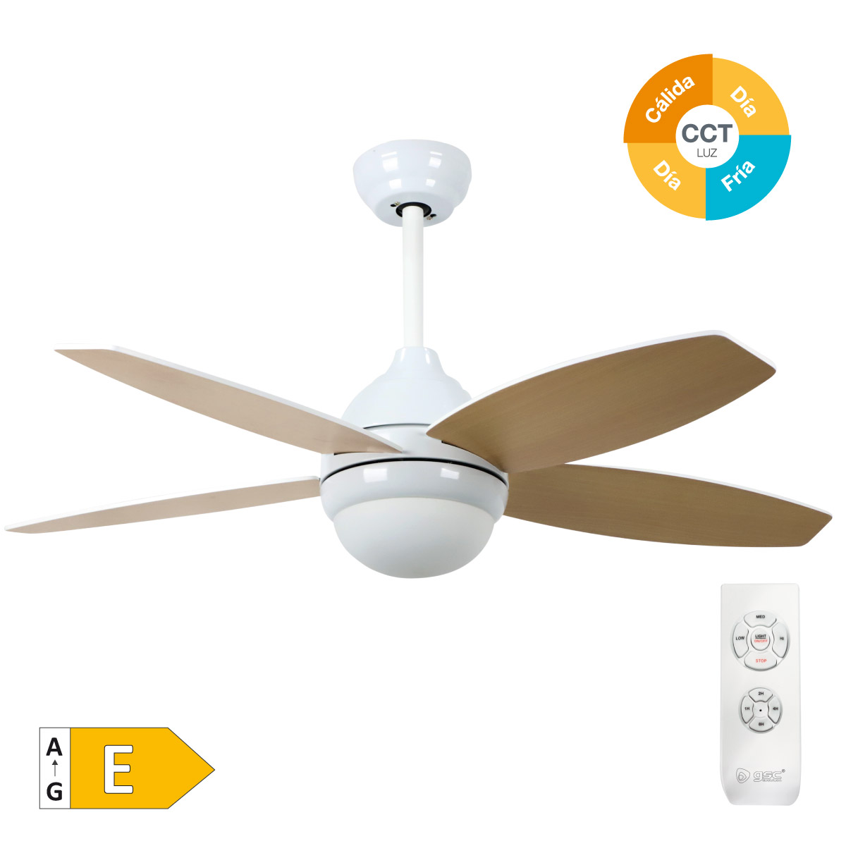 42' DC ceiling fan with remote control CCT 4 reversible blades wood effect white/haya
