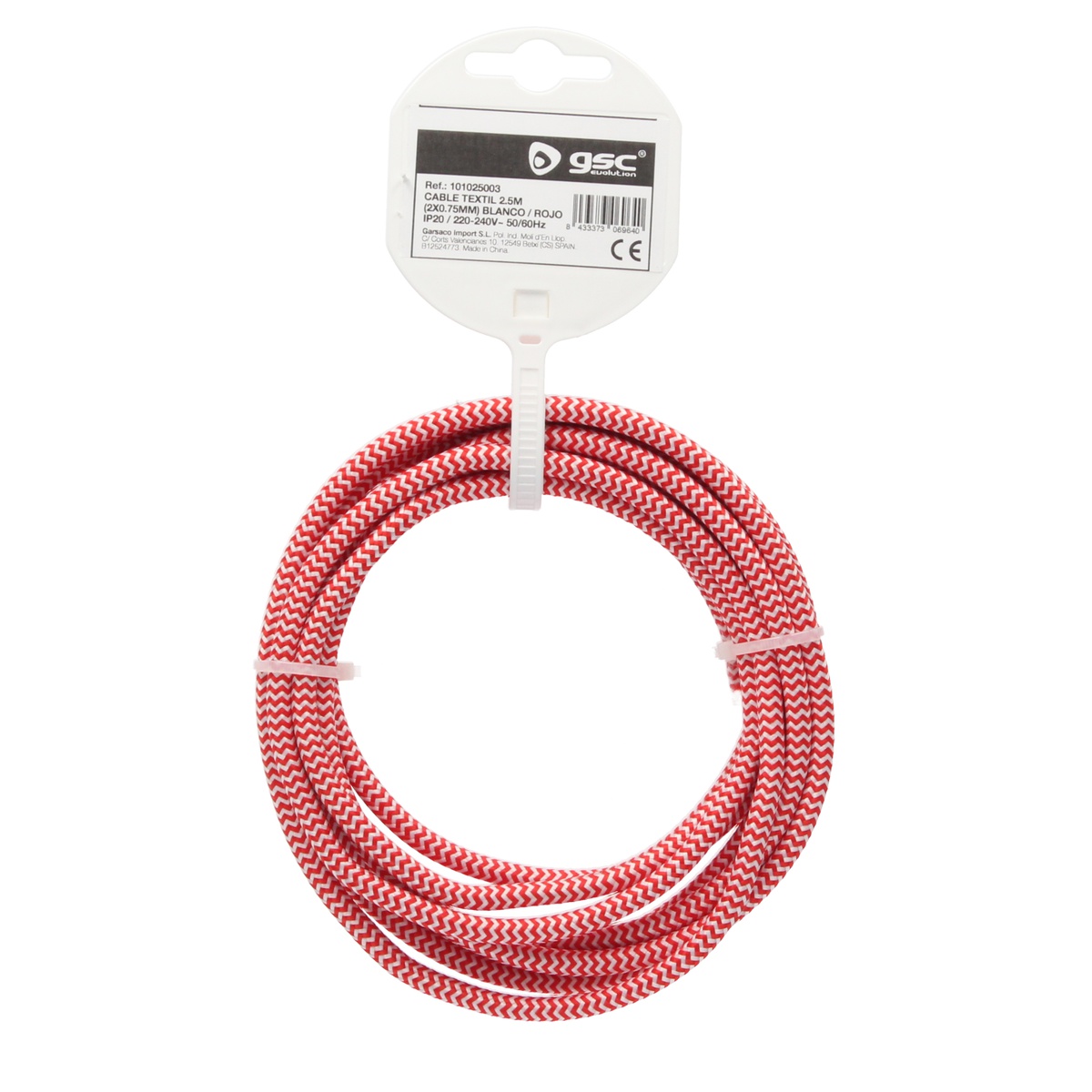 2.5m textile cable (2x0.75mm) White/red