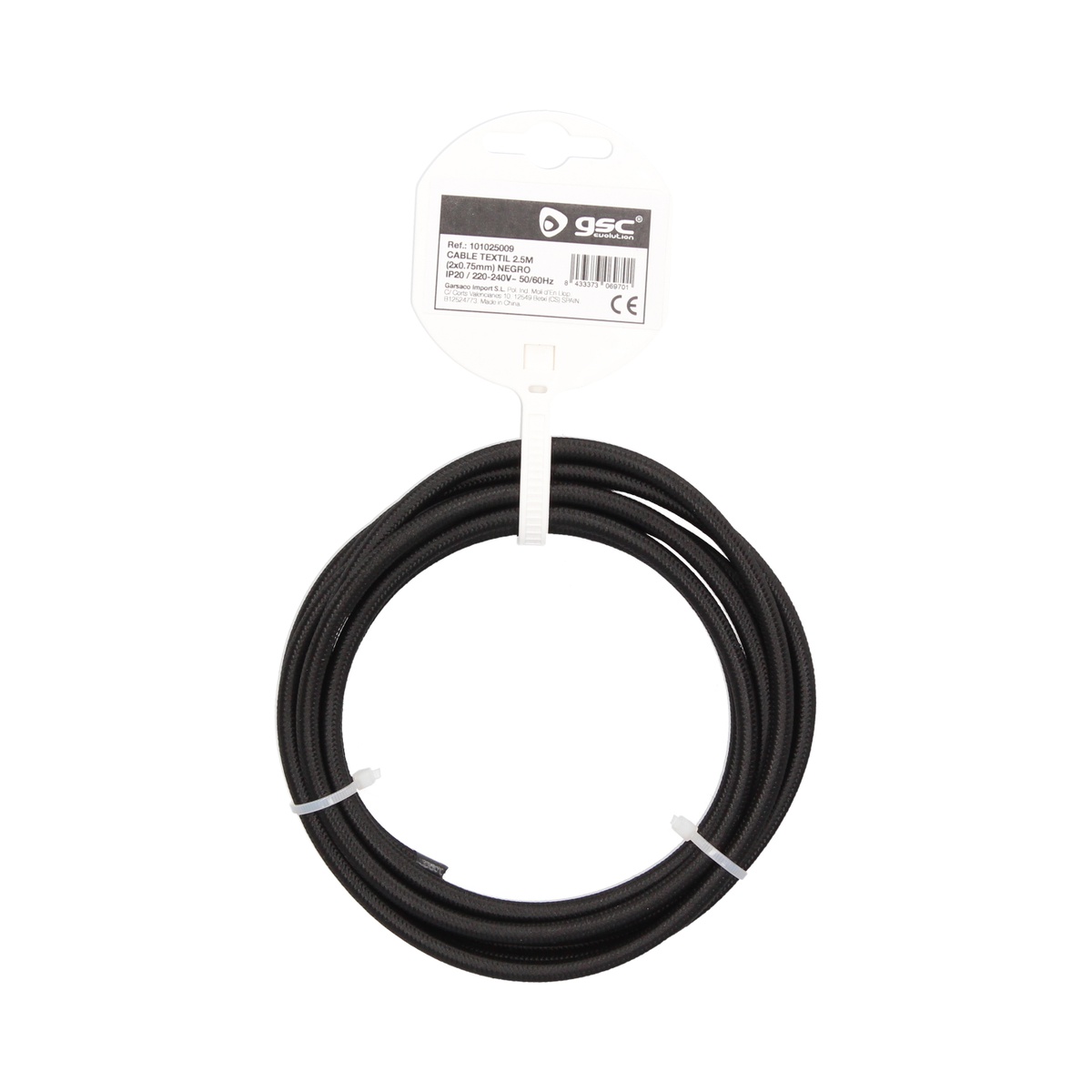 2.5m textile cable (2x0.75mm) Black