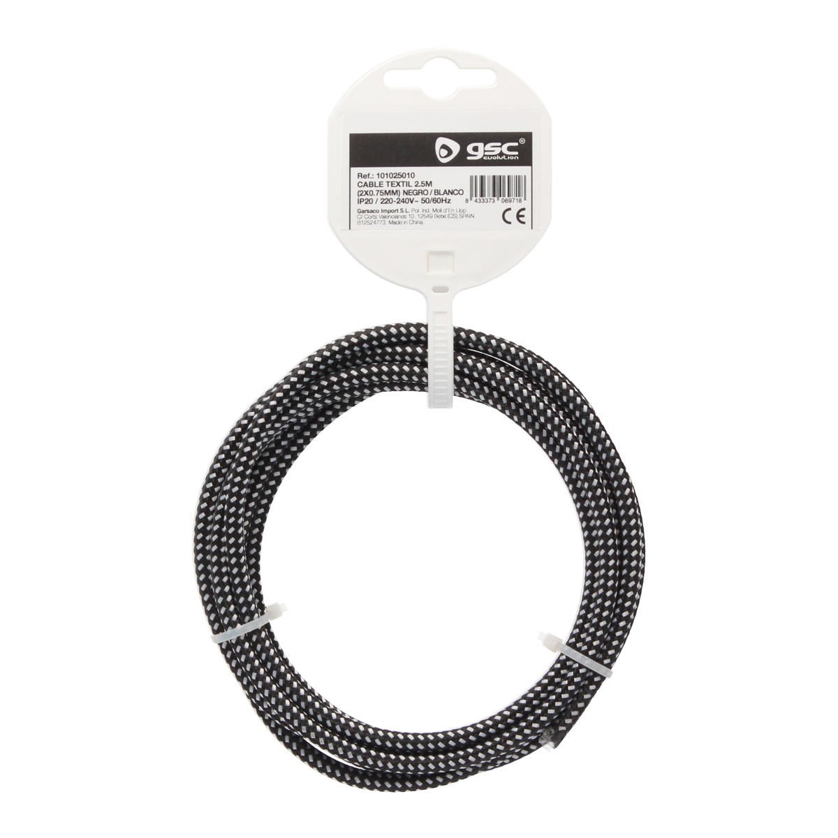 2.5m textile cable (2x0.75mm) Black/White