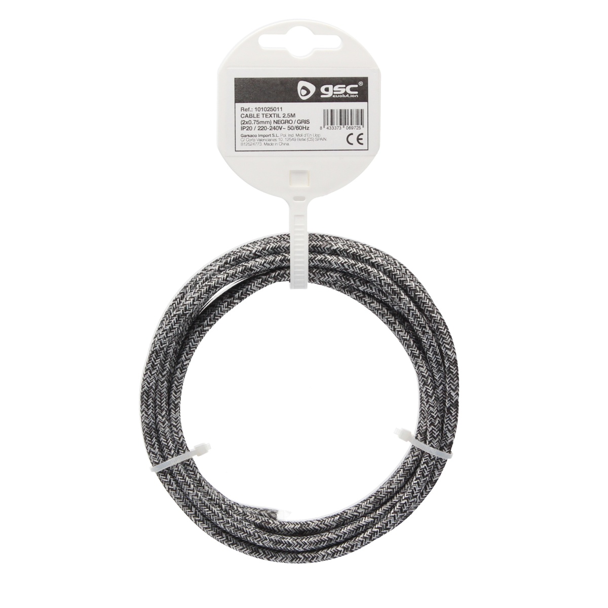 2.5m textile cable (2x0.75mm) Black/gray