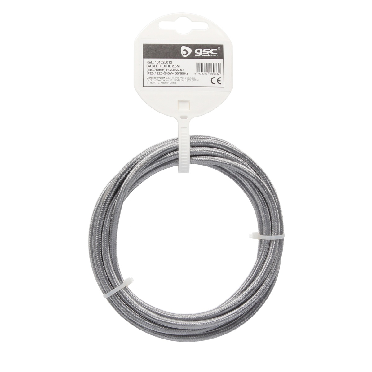2.5m textile cable (2x0.75mm) Silver