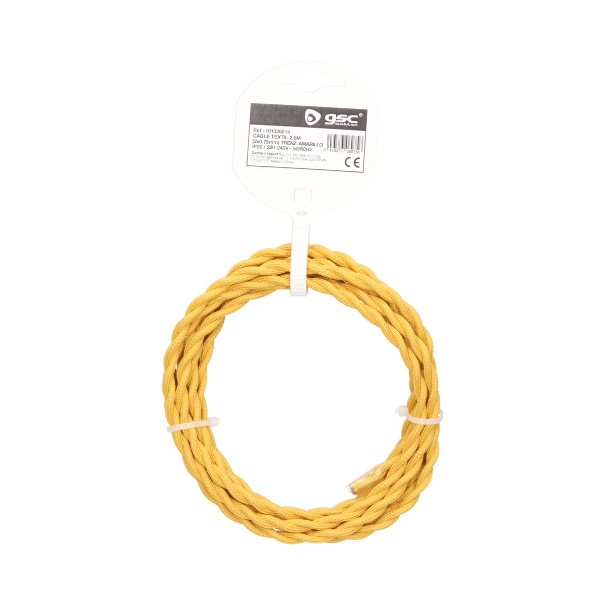 2.5m textile cable (2x0.75mm) Yellow braided