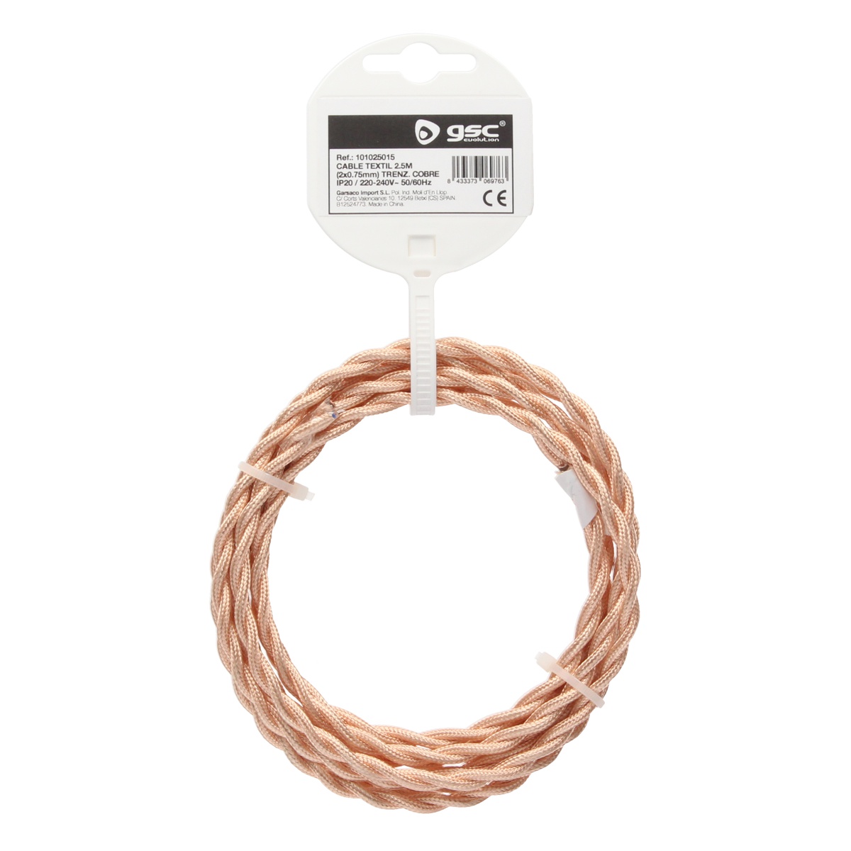 2.5m textile cable (2x0.75mm) Copper braided