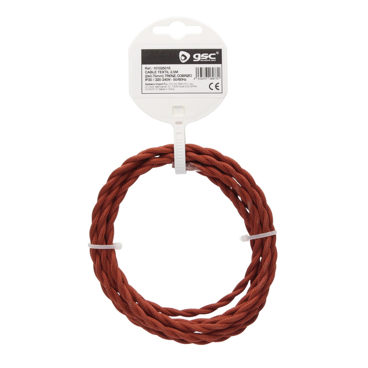 2.5m textile cable (2x0.75mm) copper braid
