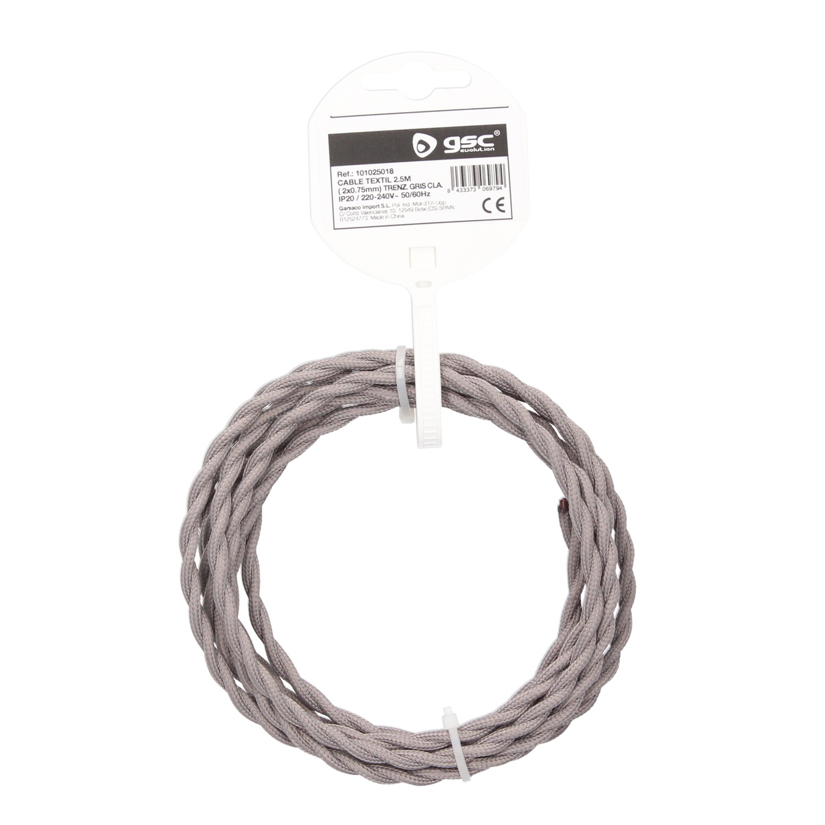 2.5m textile cable (2x0.75mm) Braided gray braided