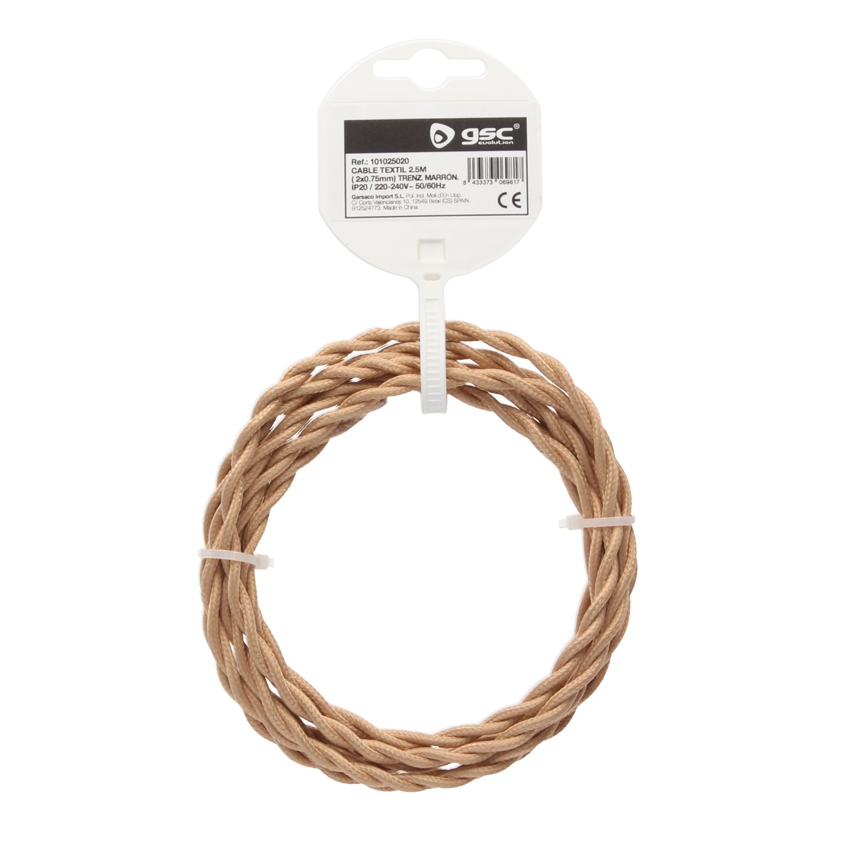 2.5m textile cable (2x0.75mm) Braided brown brown