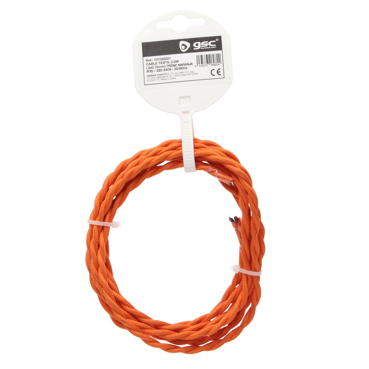 2.5m textile cable (2x0.75mm) Orange braided