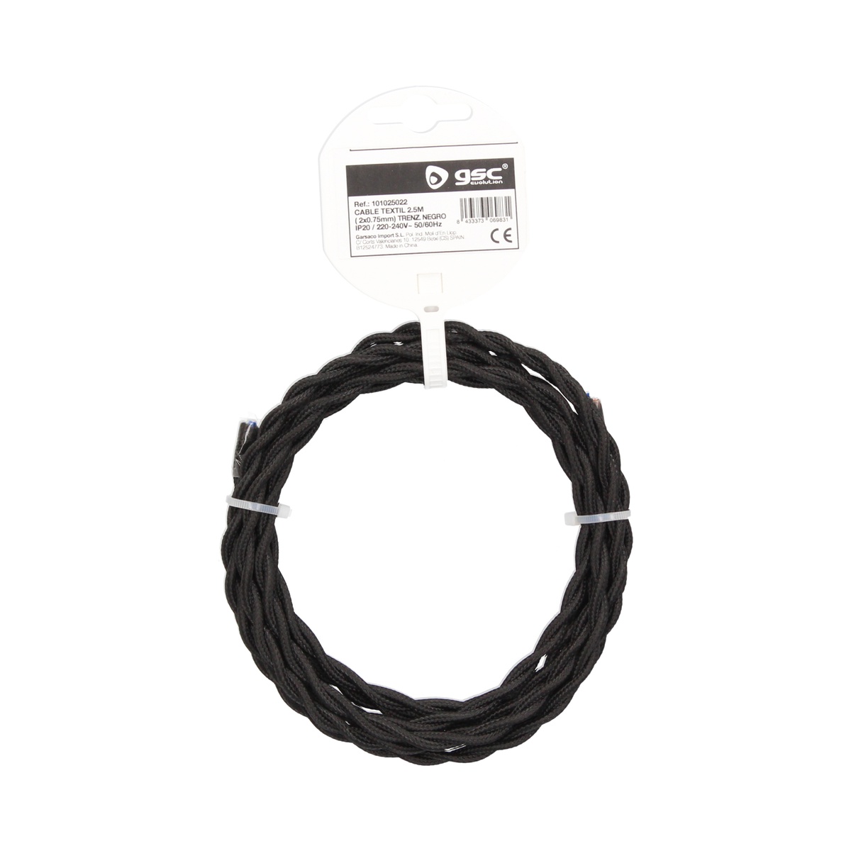 2.5m textile cable (2x0.75mm) Black braided