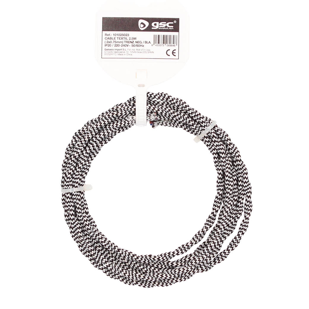 Cable textil 2,5M (2x0.75mm) trenzado Negro/Blanco