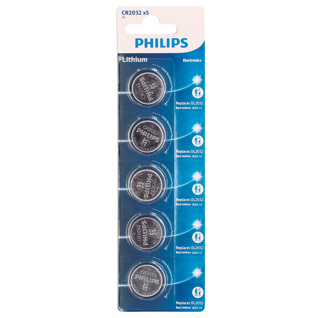 Blister 5 Piles boutons lithium Phillips CR2032