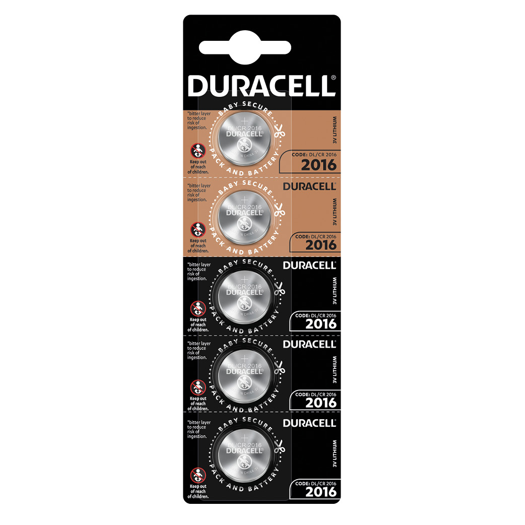 Blister 5 Piles boutons lithium Duracell CR2016 - boîte prés. 4 u