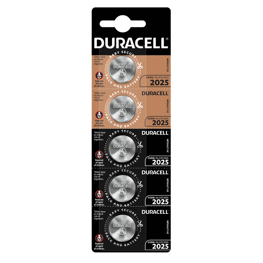 Blister 5 Piles boutons lithium Duracell CR2025 - boîte prés. 4 u