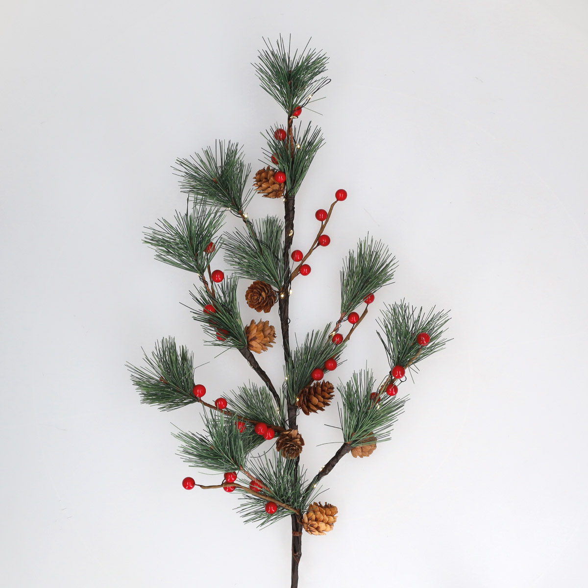 0,75M Decorative LED branch with pineedle, red berries and pinecone decoration Warm White