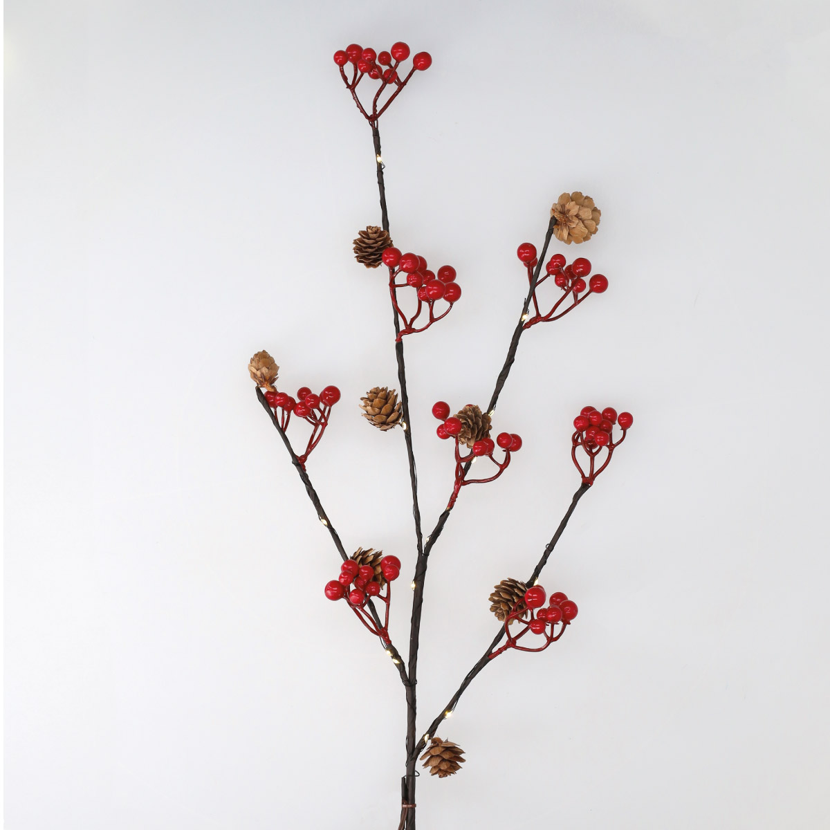 0,75M Decorative LED branch with pine cones and red berries Warm White