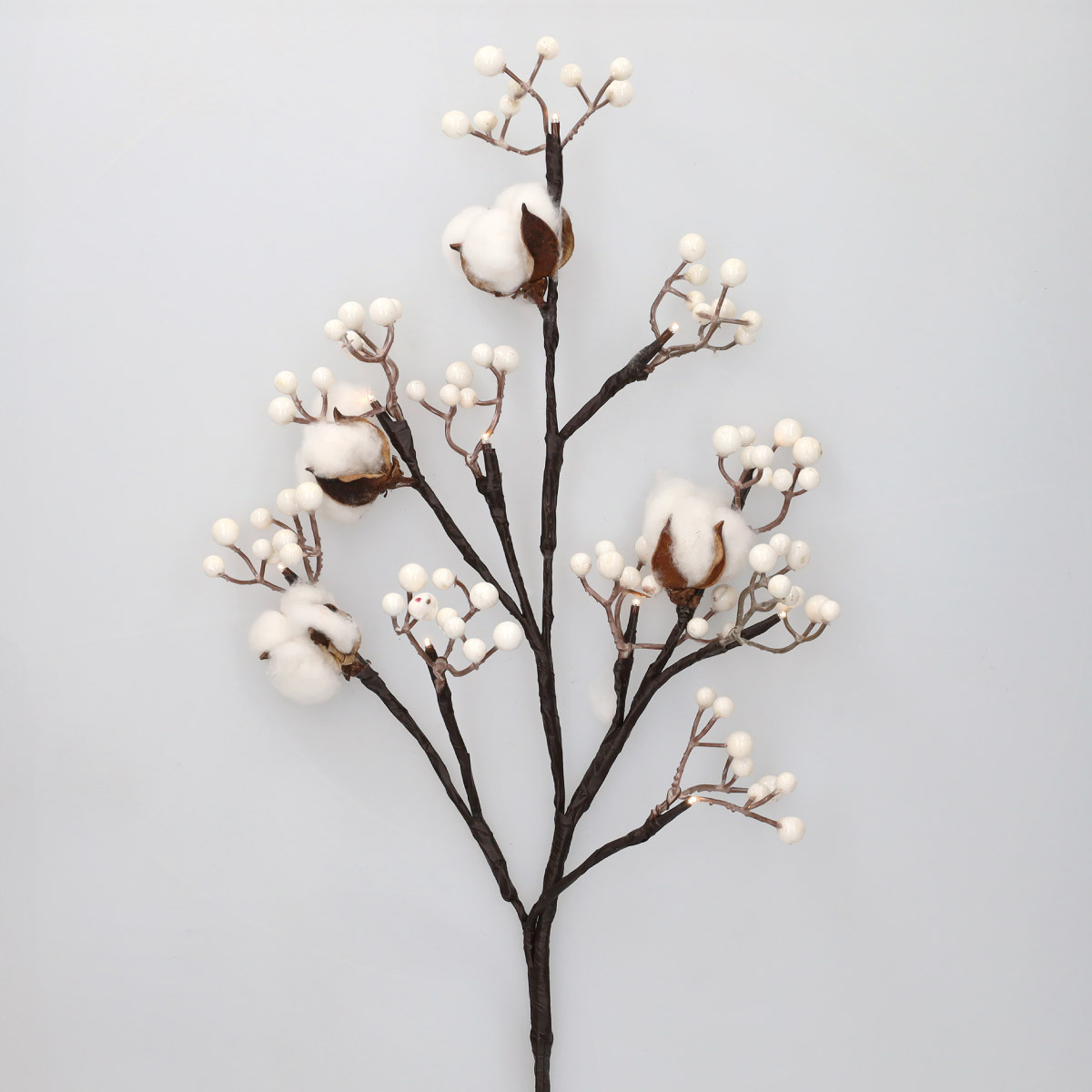 Rama decorativa LED de flores de algodón y bayas blancas 0,55M Luz cálida