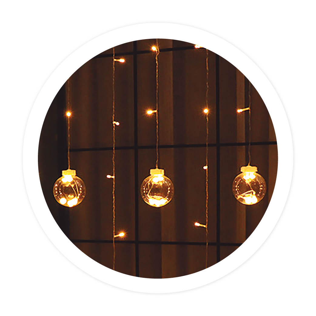 Rideau LED à boules 1,4 Mx2 hauteurs 8 fonctions lumière chaude