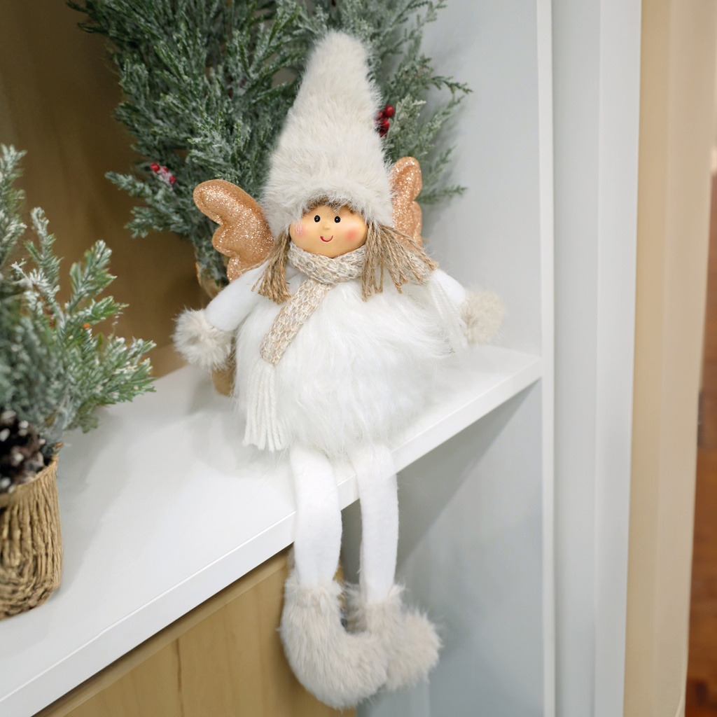 Anjo de LED Haniel de 48 cm com pernas suspensas, 2 lâmpadas CR2032, cinza e branco.