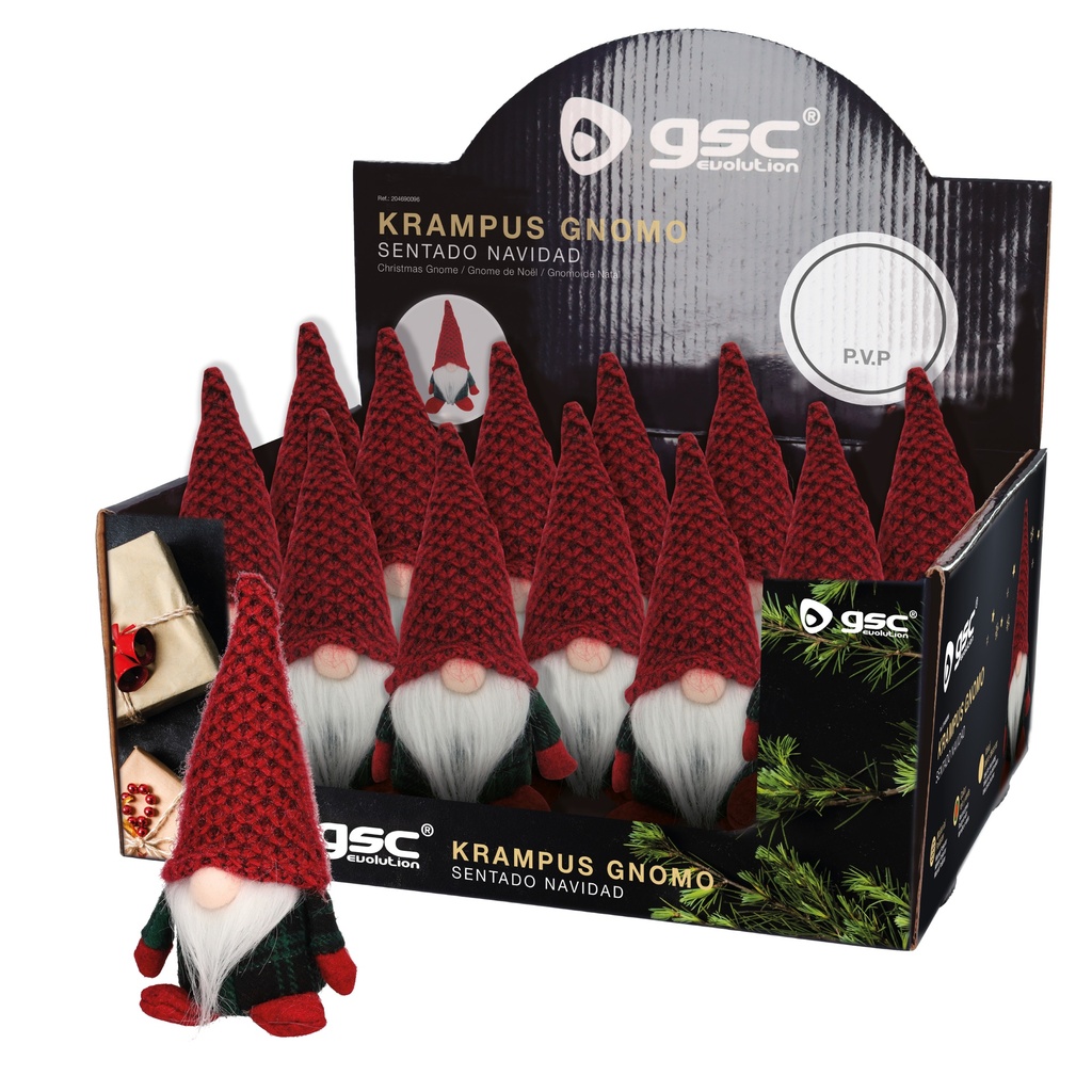 Nain de Noël assis Krampus 17 cm rouge et vert - 12 unités par boîte