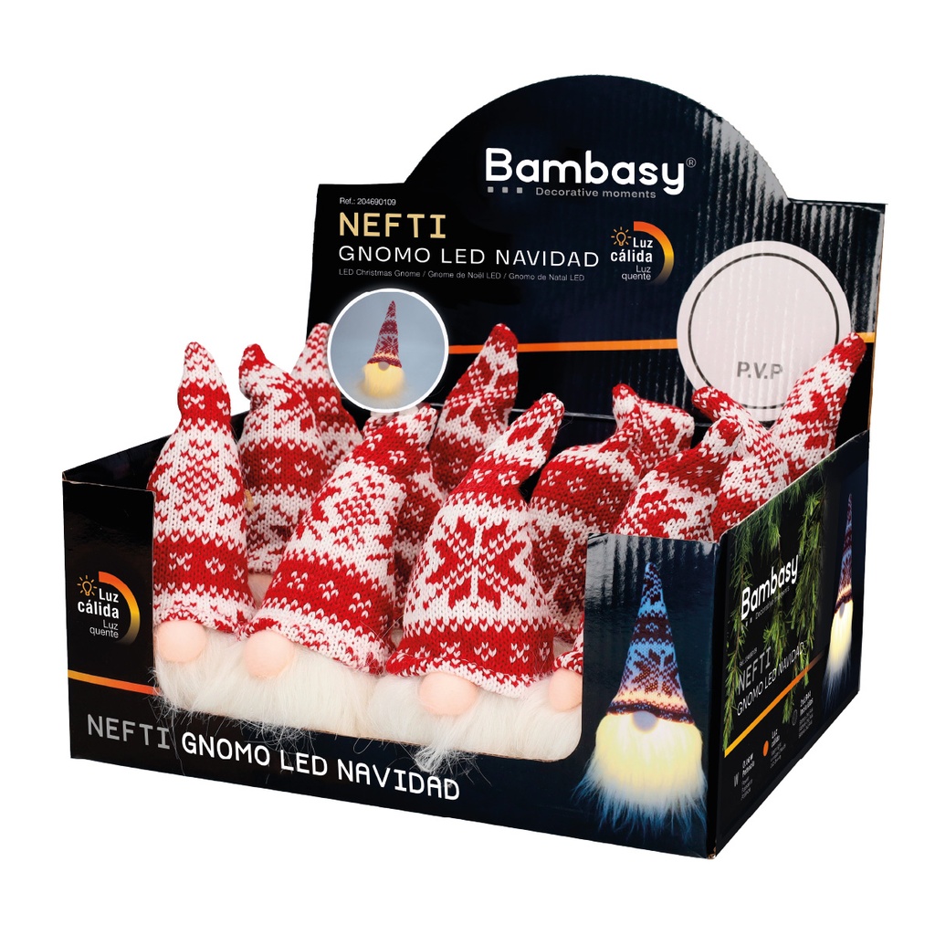 Gnomo de navidad LED Nefti 16cm 2xLR44 Rojo y blanco - 12u caja exp