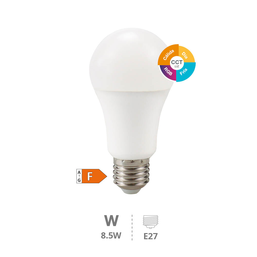 Lâmpada LED padrão 8,5 W E27 RGB + CTT