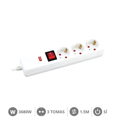3 way socket White with switch (3x1.5mm) 1,5M wire - surge protection