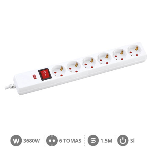 6 way socket White with switch (3x1.5mm) 1,5M wire - surge protection