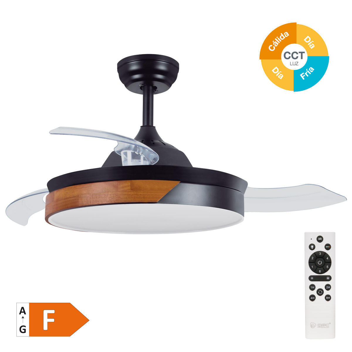 Likasi 42' DC ceiling fan with remote control CCT 3 retractable blades transparent Walnut/Black