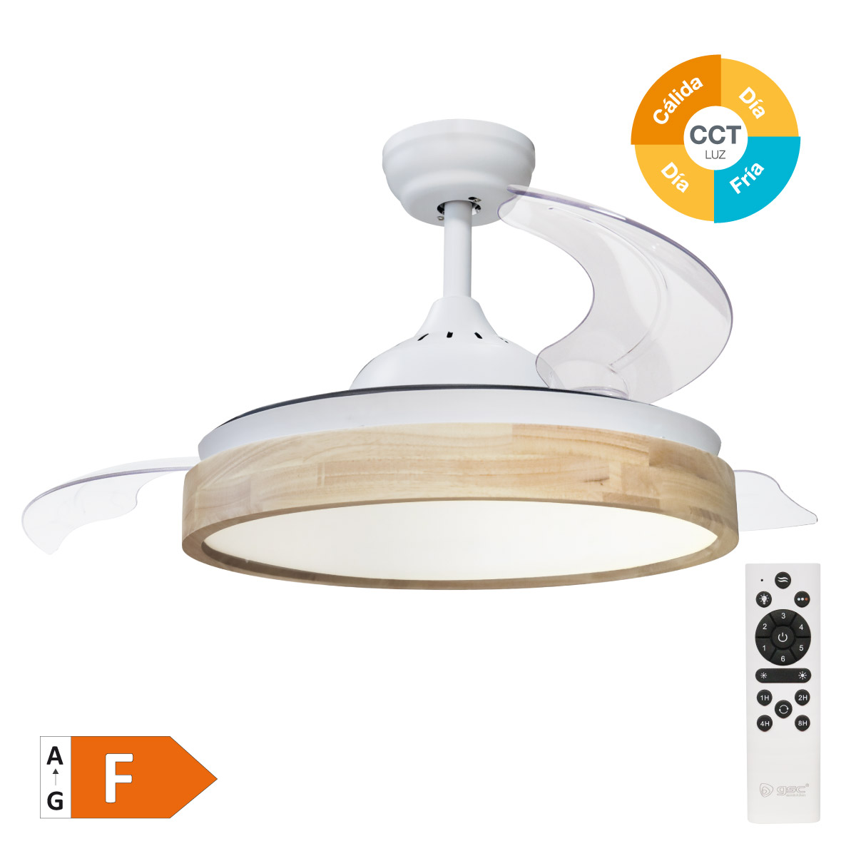 Ranta 42' DC ceiling fan with remote control CCT 3 retractable blades transparent Wood/White