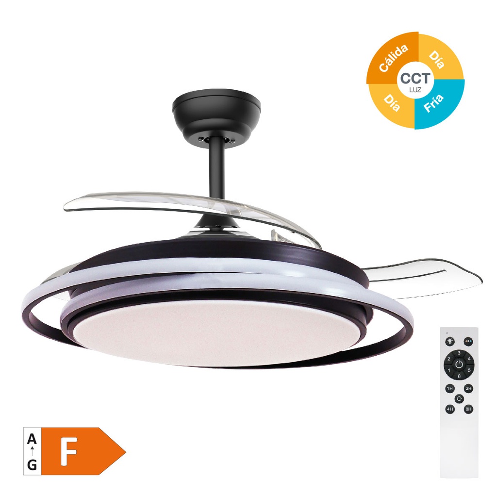 Ventilador techo Bauala con luz CCT y mando Ø107 3 aspas retráctiles DC Negro