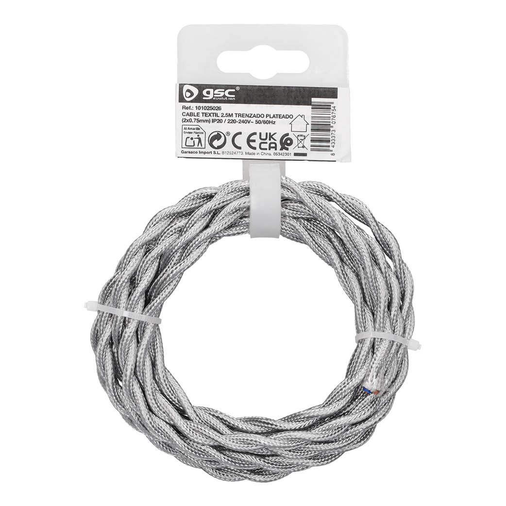 2.5m textile cable (2x0.75mm) silver braided