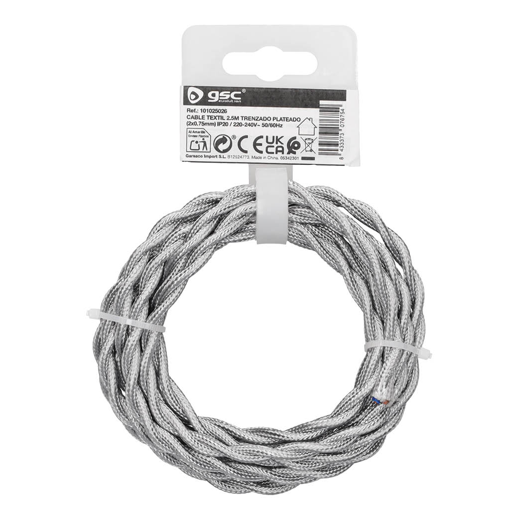 Câble textile 2,5M (2x0,75mm) tressé argenté