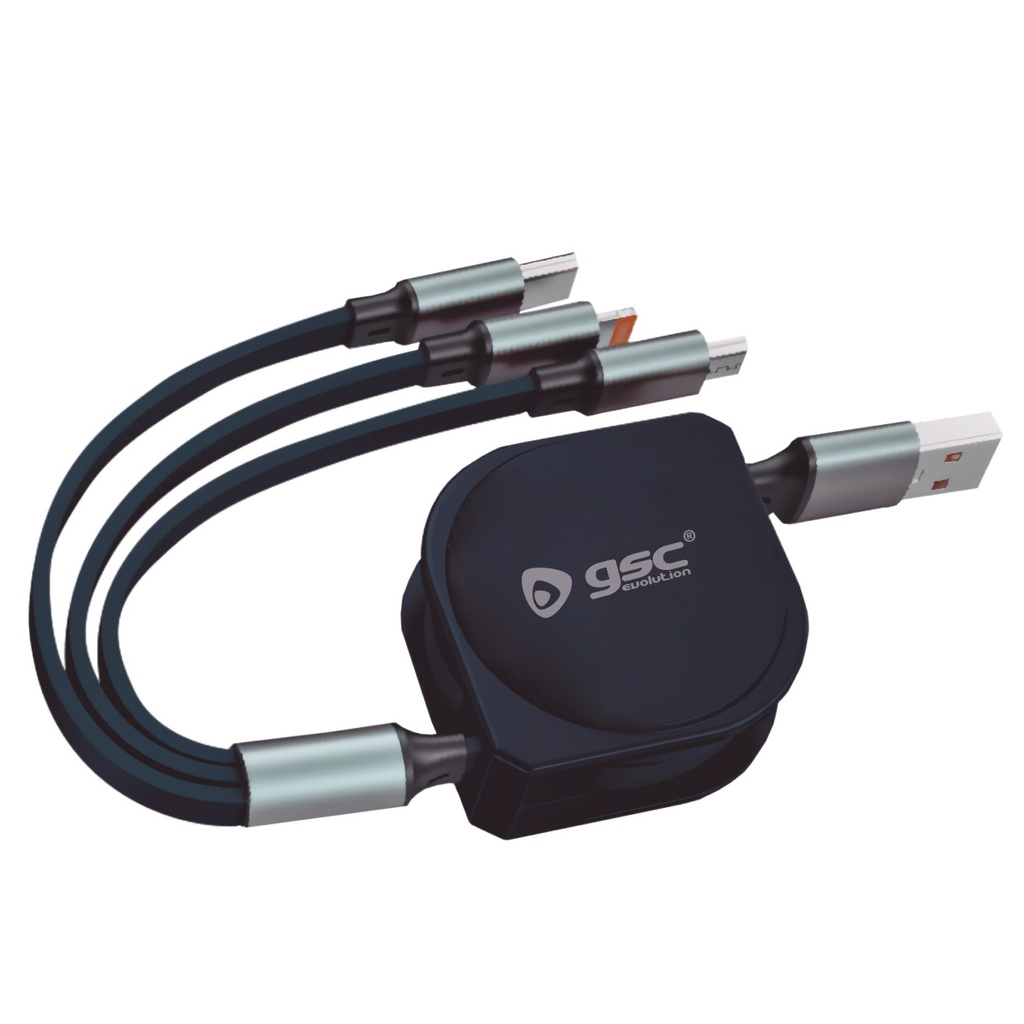 Cable cargador retáctil 3 en 1 (USB Tipo C, conector Lightning y Micro USB Tipo C)