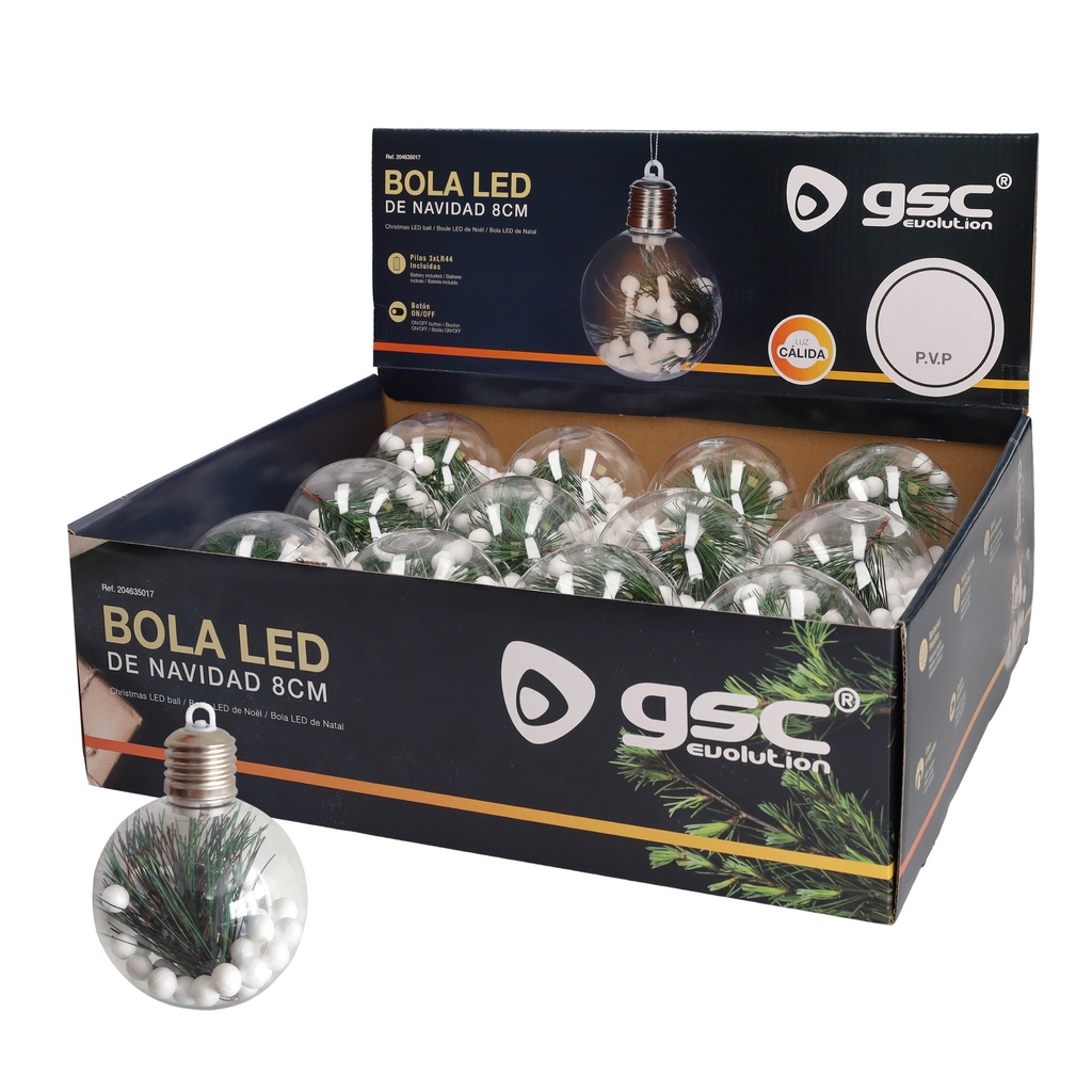 Boule de Noël LED 8 cm, 3 ampoules LR44, lumière chaude - Boîte de 12 unités