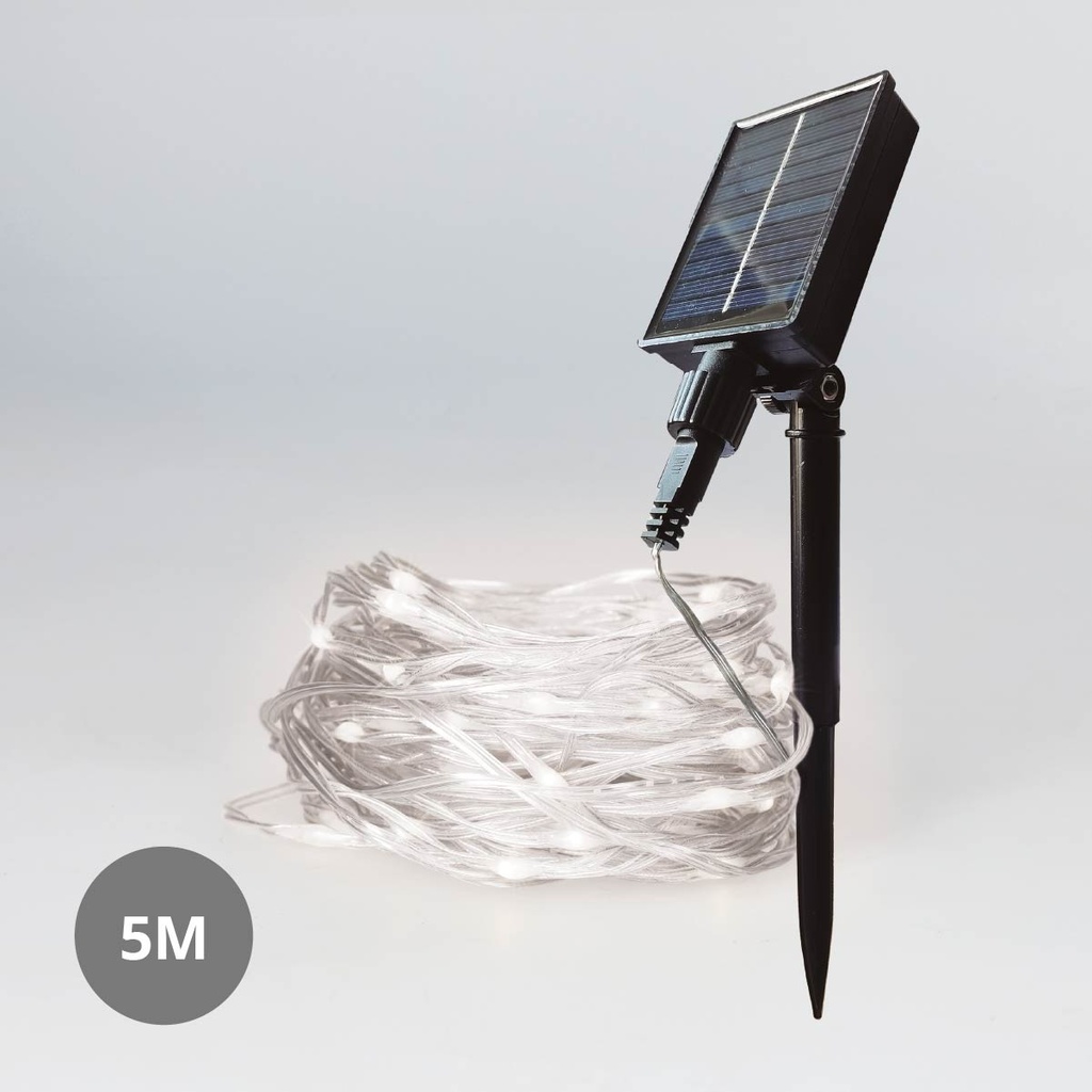 Cordão de luzes LED solares de 5 metros com 8 funções, branco frio