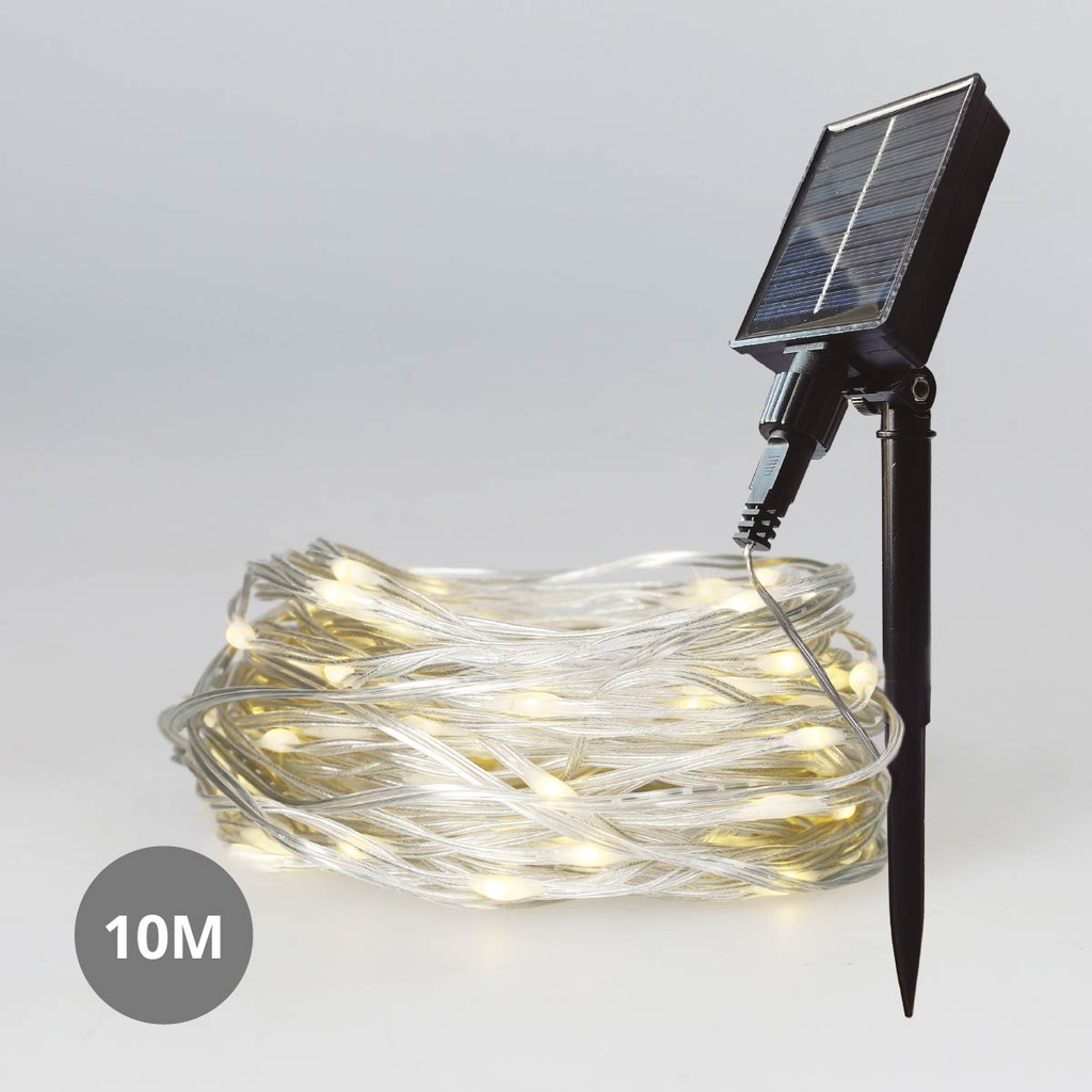 Cordão de luzes LED solares de 10 metros com 8 funções e luz quente