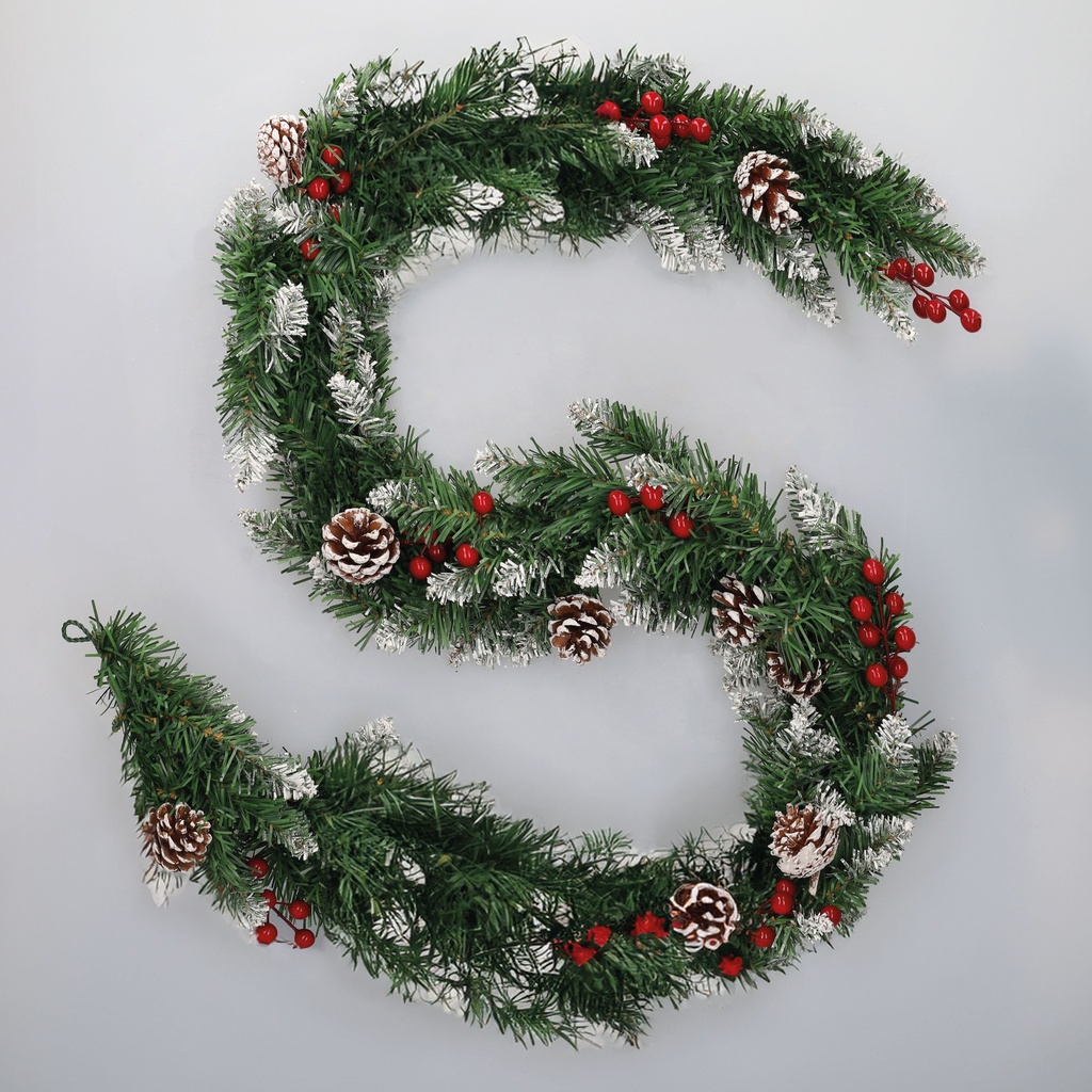 Guirlanda Dusia com efeito de neve com azevinho e pinhas 1,8M 100 galhos